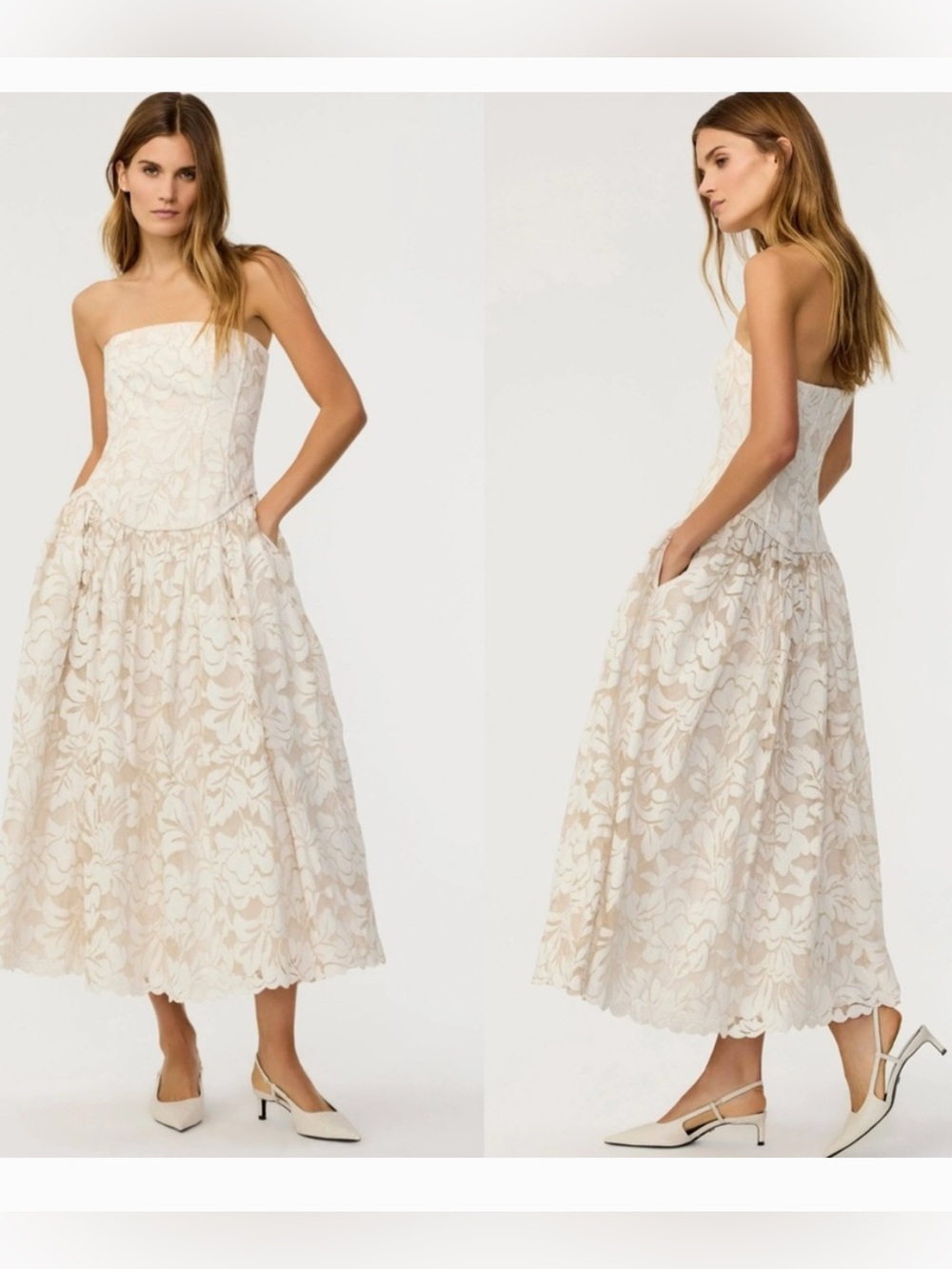 Strapless Ivory Floral Lace Midi Dress